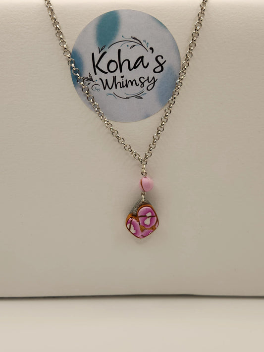 Handmade polymer clay Necklace - Pink Cherry Gold Small Drop Diamond Necklace