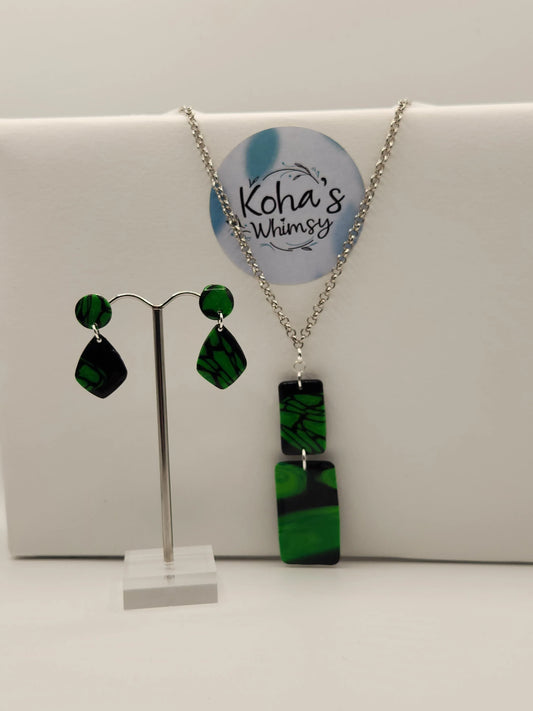 Handmade polymer clay Jewellery Set - Emerald Bubble Jewellery Set - Diamond Studs & Rectangle Pendant