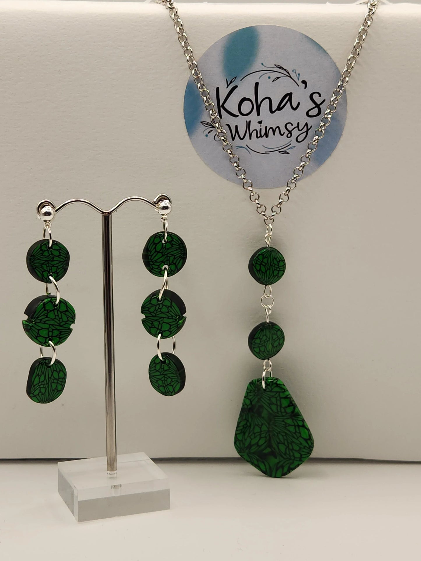 Handmade polymer clay Jewellery Set - Emerald Bubble Jewellery Set - Circle Studs & Drop Pendant