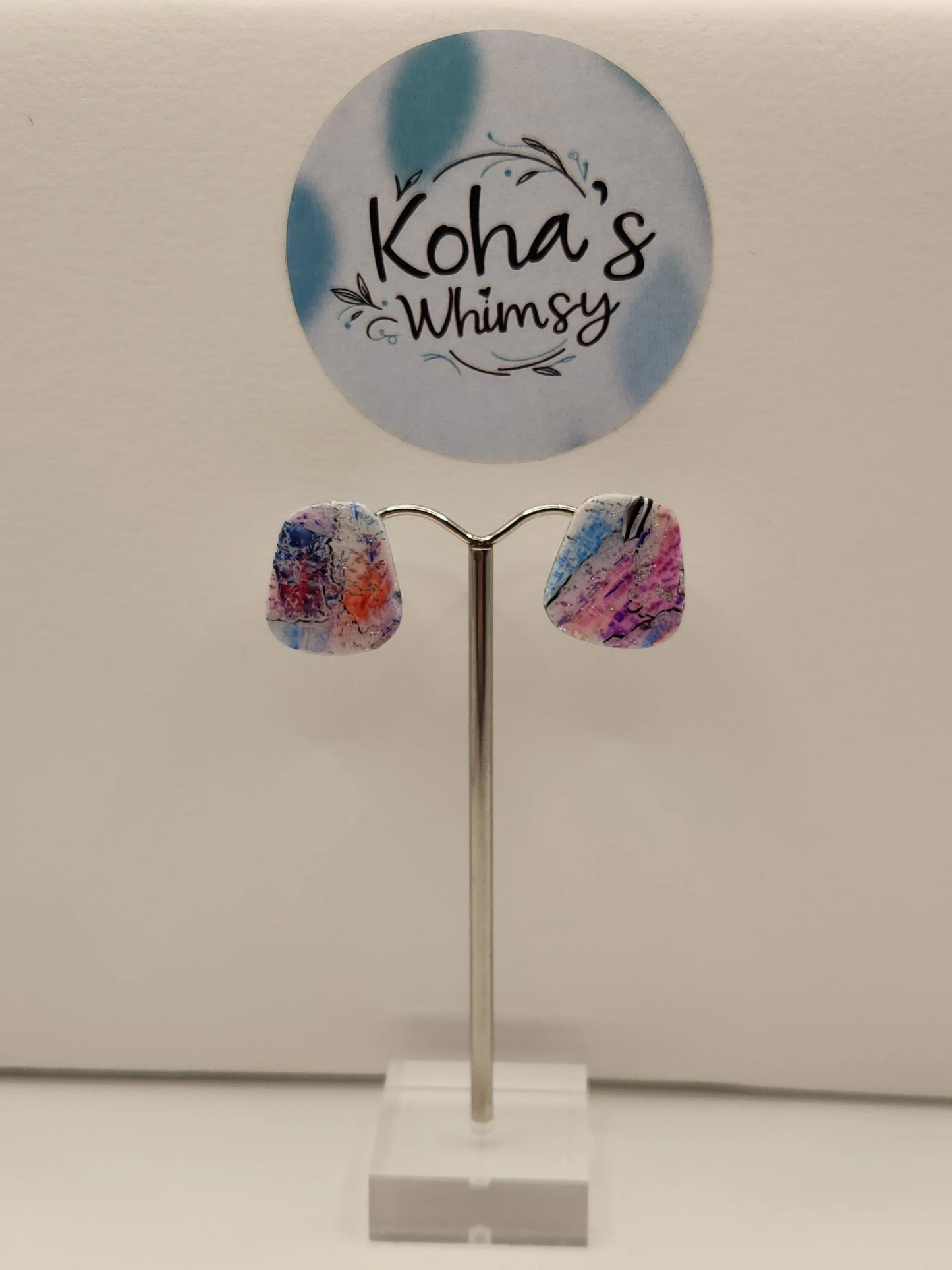 Handmade polymer clay Earrings - Metallic Watercolour Small Quadrangle Stud Earrings