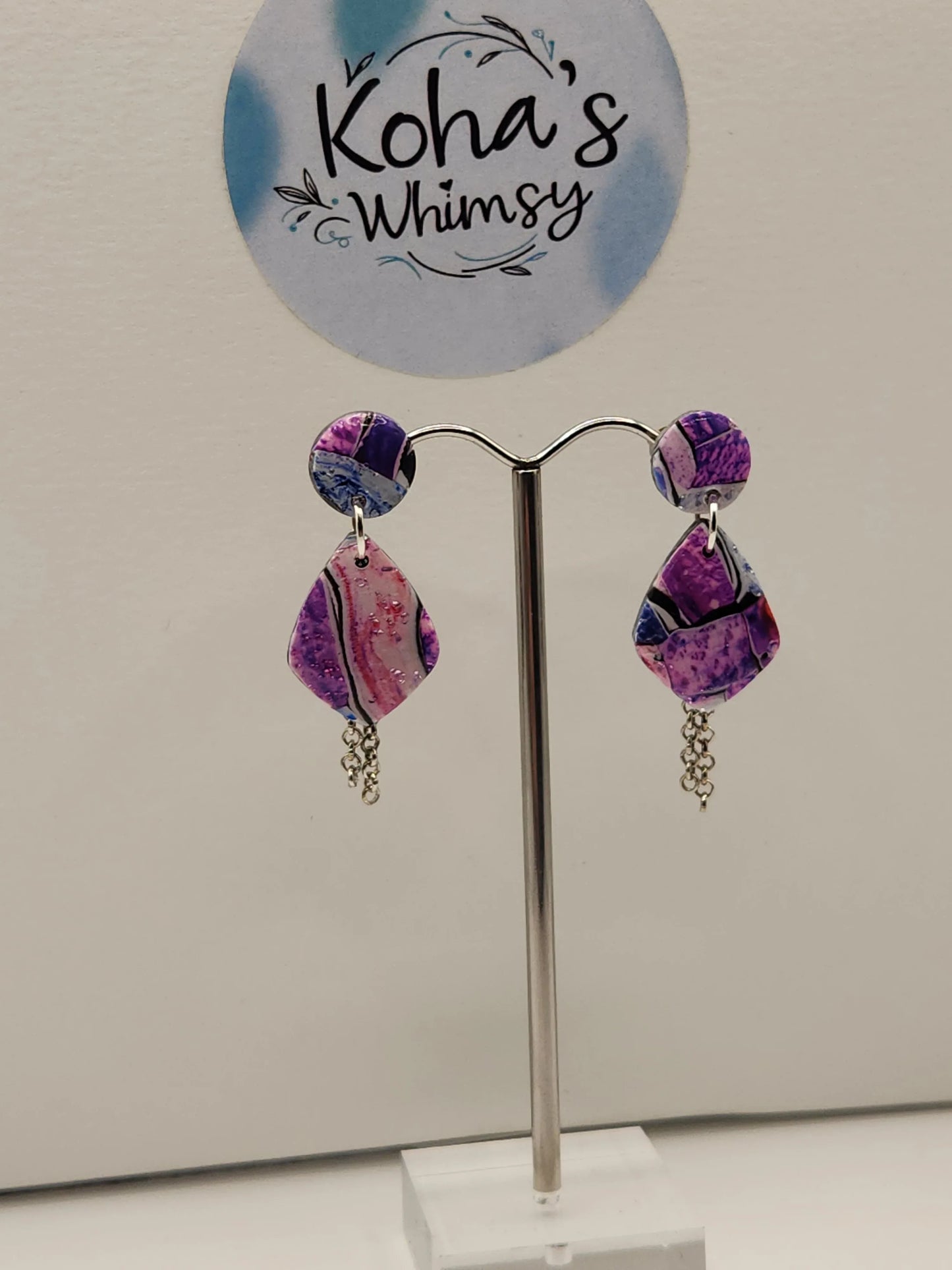 Handmade polymer clay Earrings - Metallic Watercolour Small Drop Diamond Stud Earrings