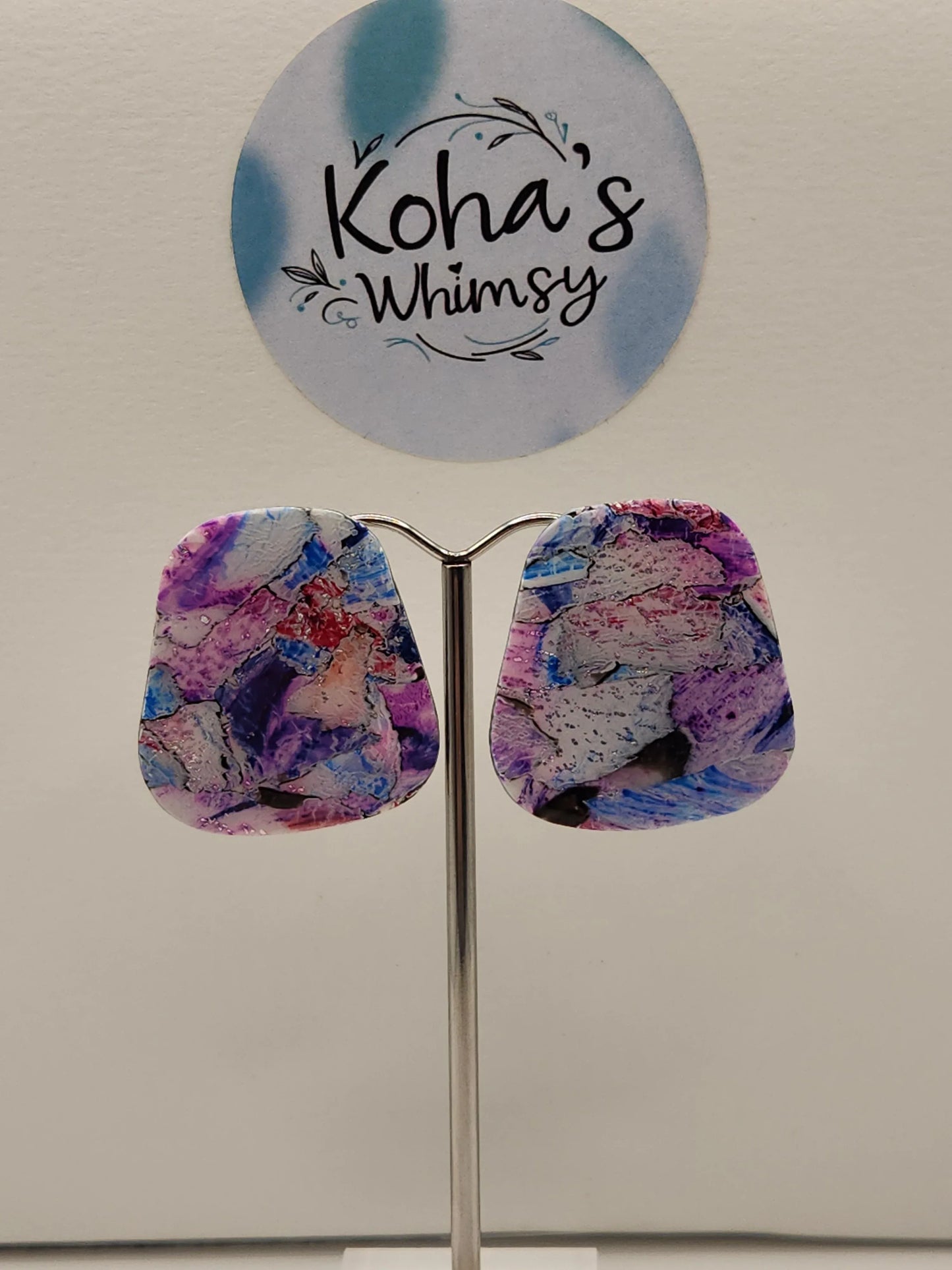 Handmade polymer clay Earrings - Metallic Watercolour Large Quadrangle Stud Earrings