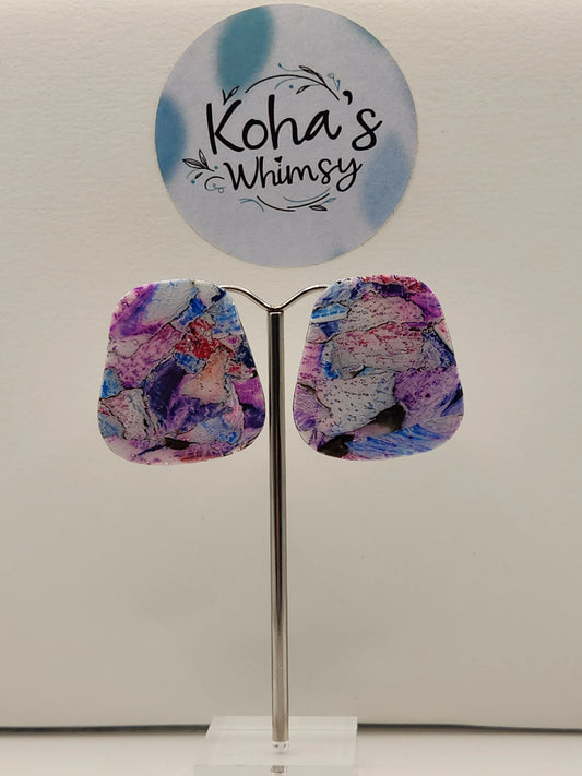 Handmade polymer clay Earrings - Metallic Watercolour Large Quadrangle Stud Earrings