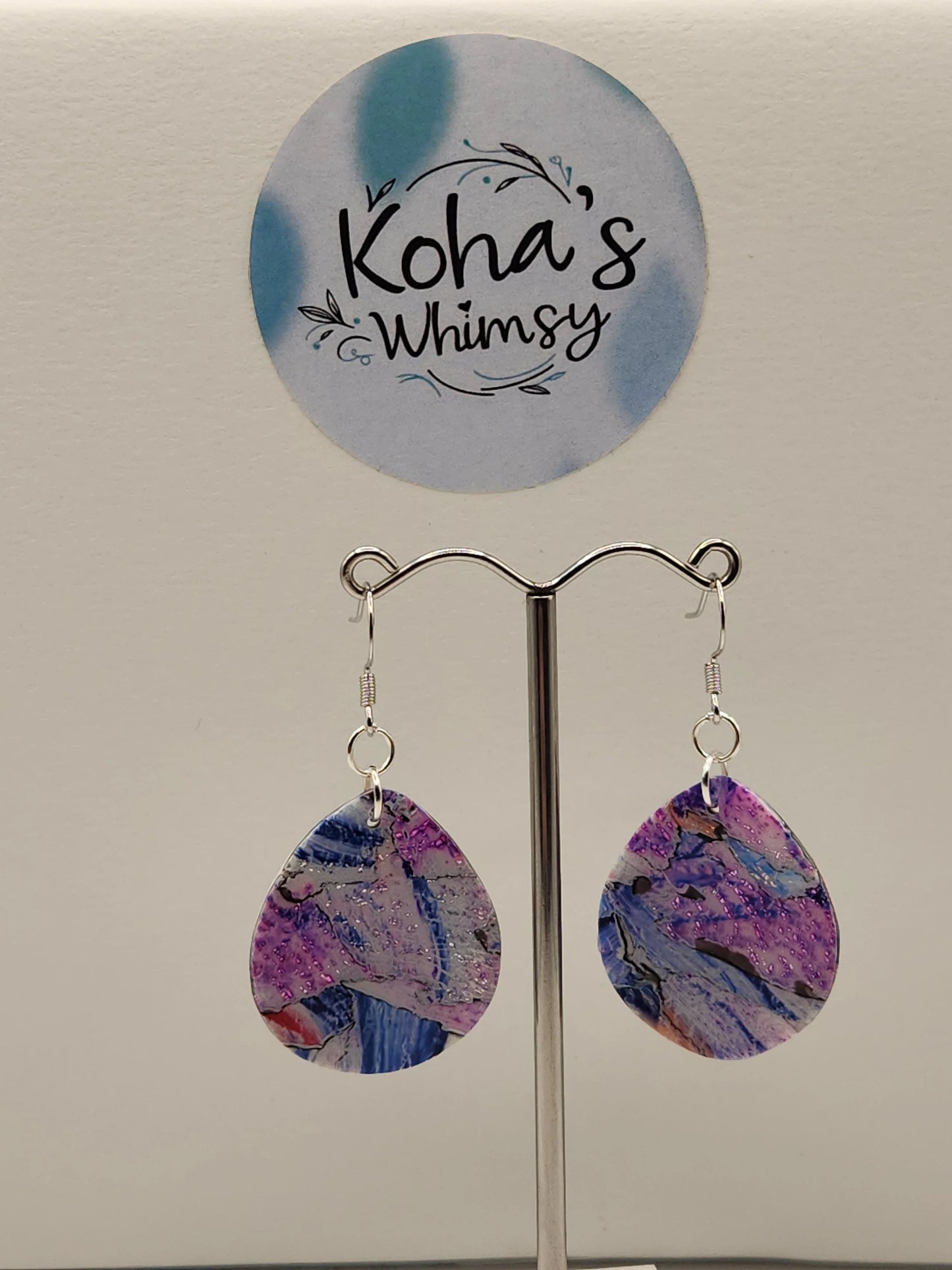Handmade polymer clay Earrings - Metallic Watercolour Large Teardrop Dangle Earrings