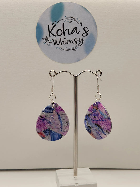 Handmade polymer clay Earrings - Metallic Watercolour Large Teardrop Dangle Earrings