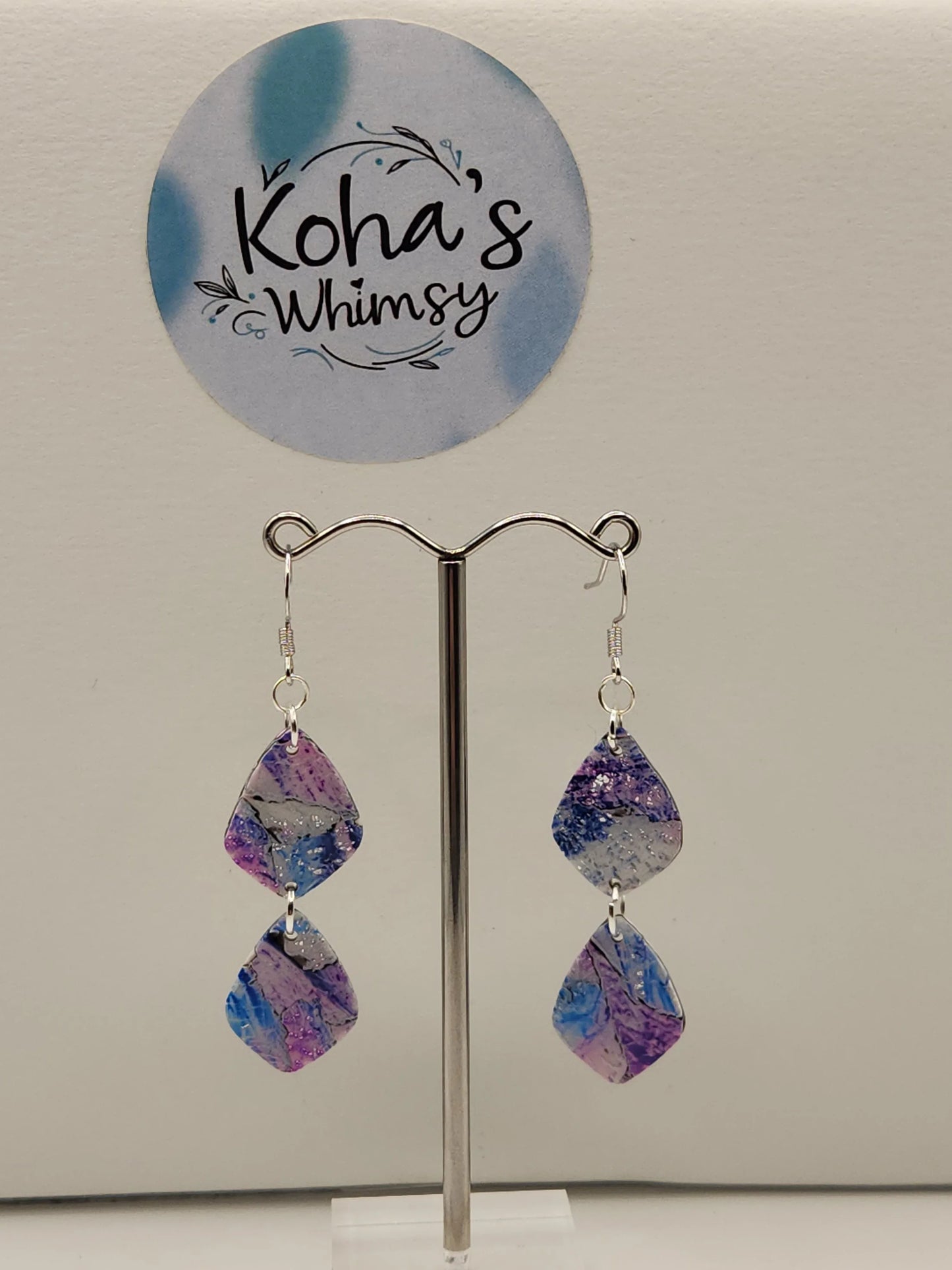 Handmade polymer clay Earrings - Metallic Watercolour Double Small Drop Diamond Dangle Earrings