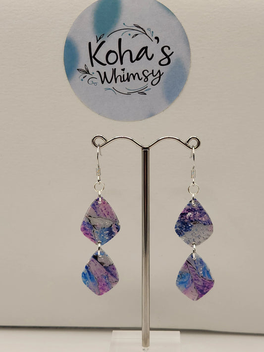 Handmade polymer clay Earrings - Metallic Watercolour Double Small Drop Diamond Dangle Earrings