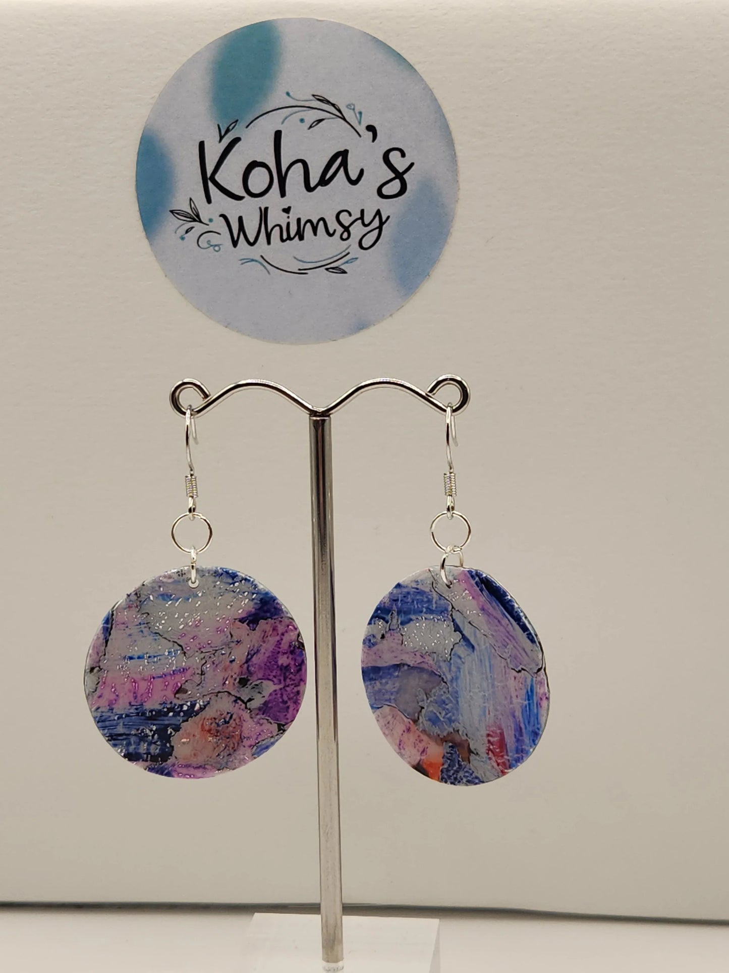 Handmade polymer clay Earrings - Metallic Watercolour Large Circle Dangle Earrings