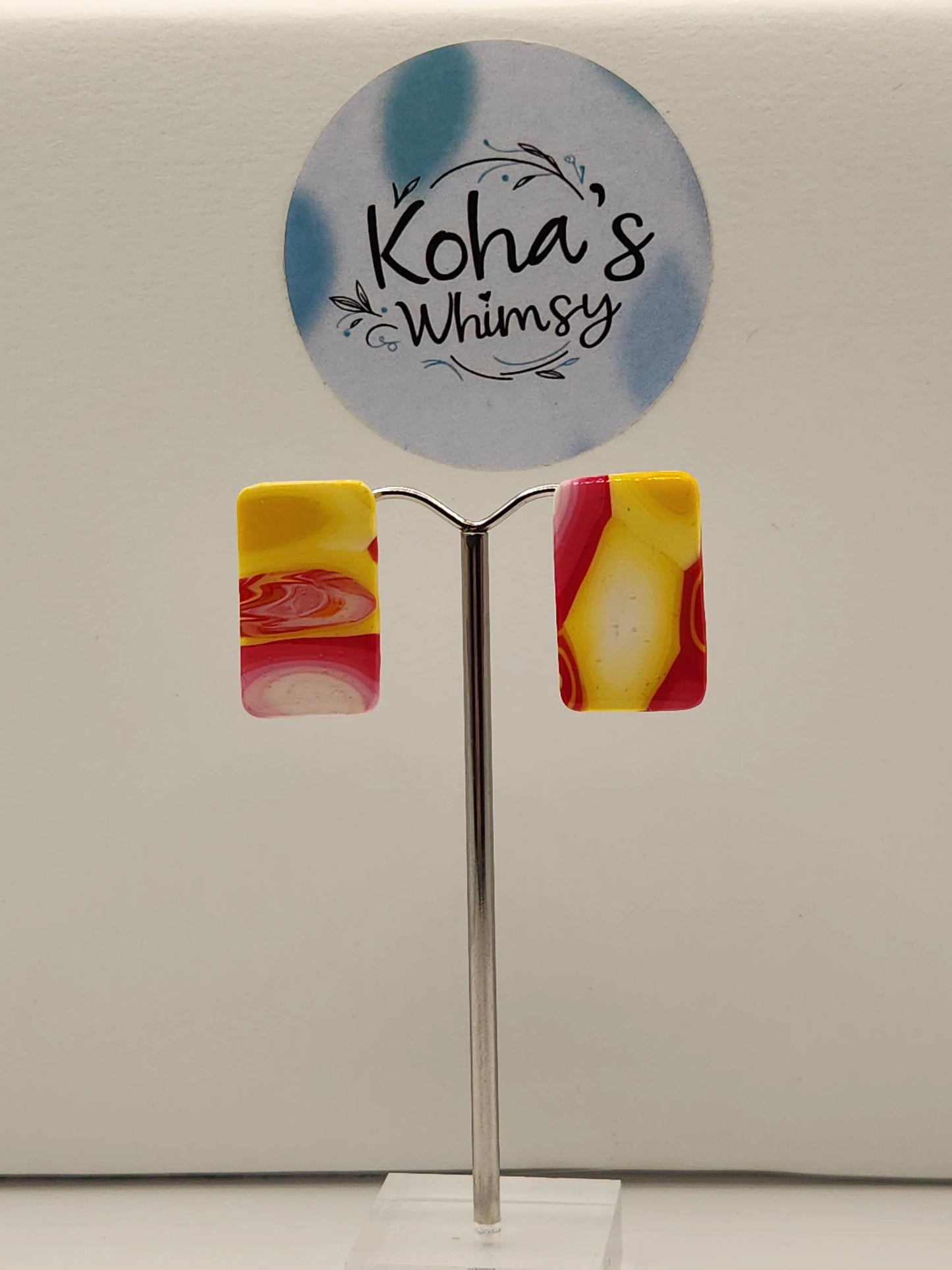 Handmade polymer clay Earrings - Raspberry Lemonade Small Rectangle Stud Earrings