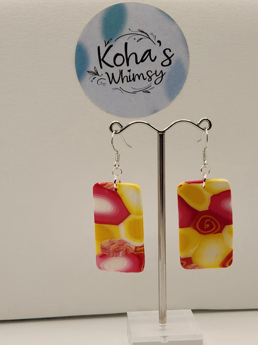 Handmade polymer clay Earrings - Raspberry Lemonade Large Rectangle Dangle Earrings