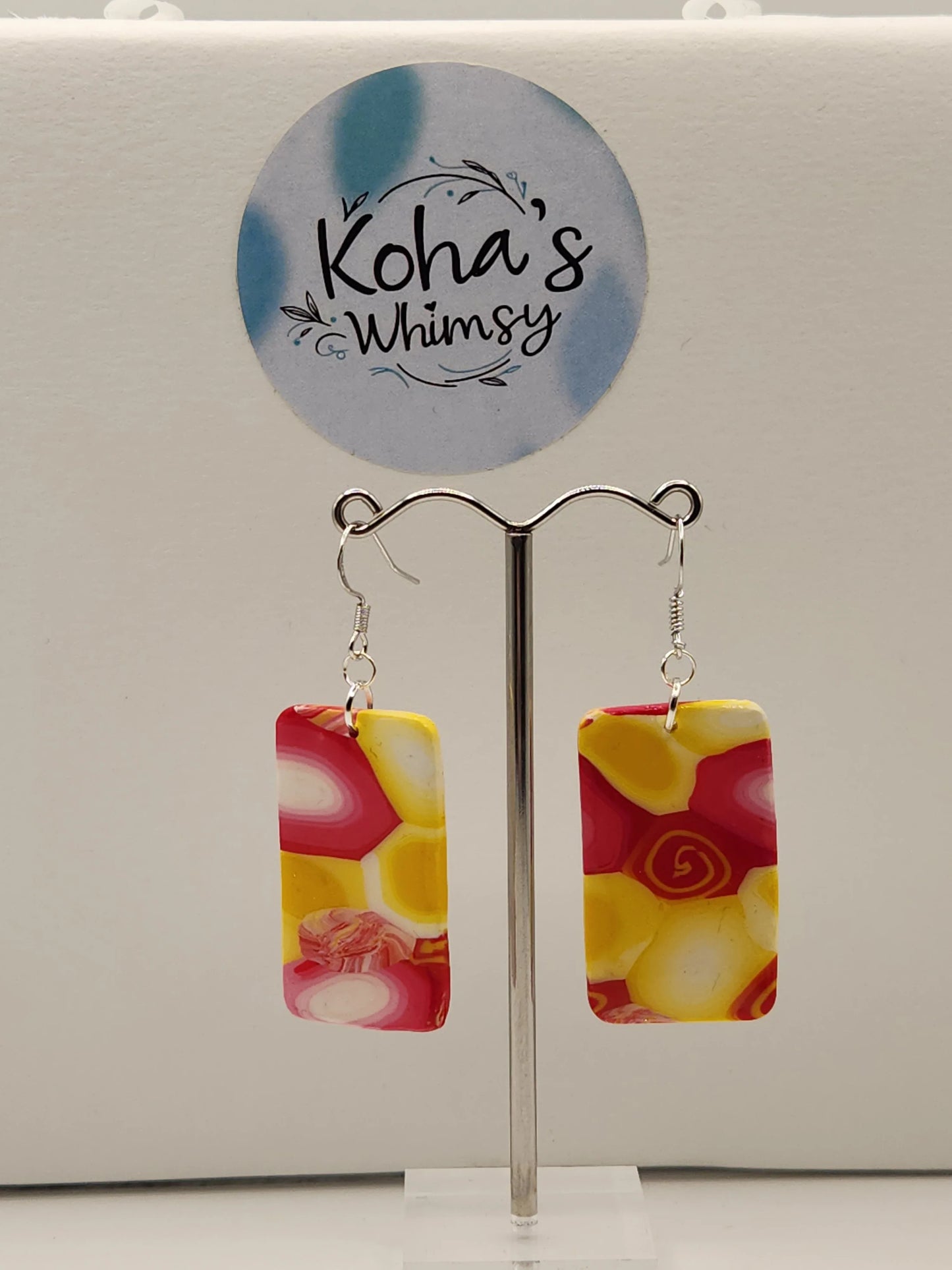 Handmade polymer clay Earrings - Raspberry Lemonade Large Rectangle Dangle Earrings