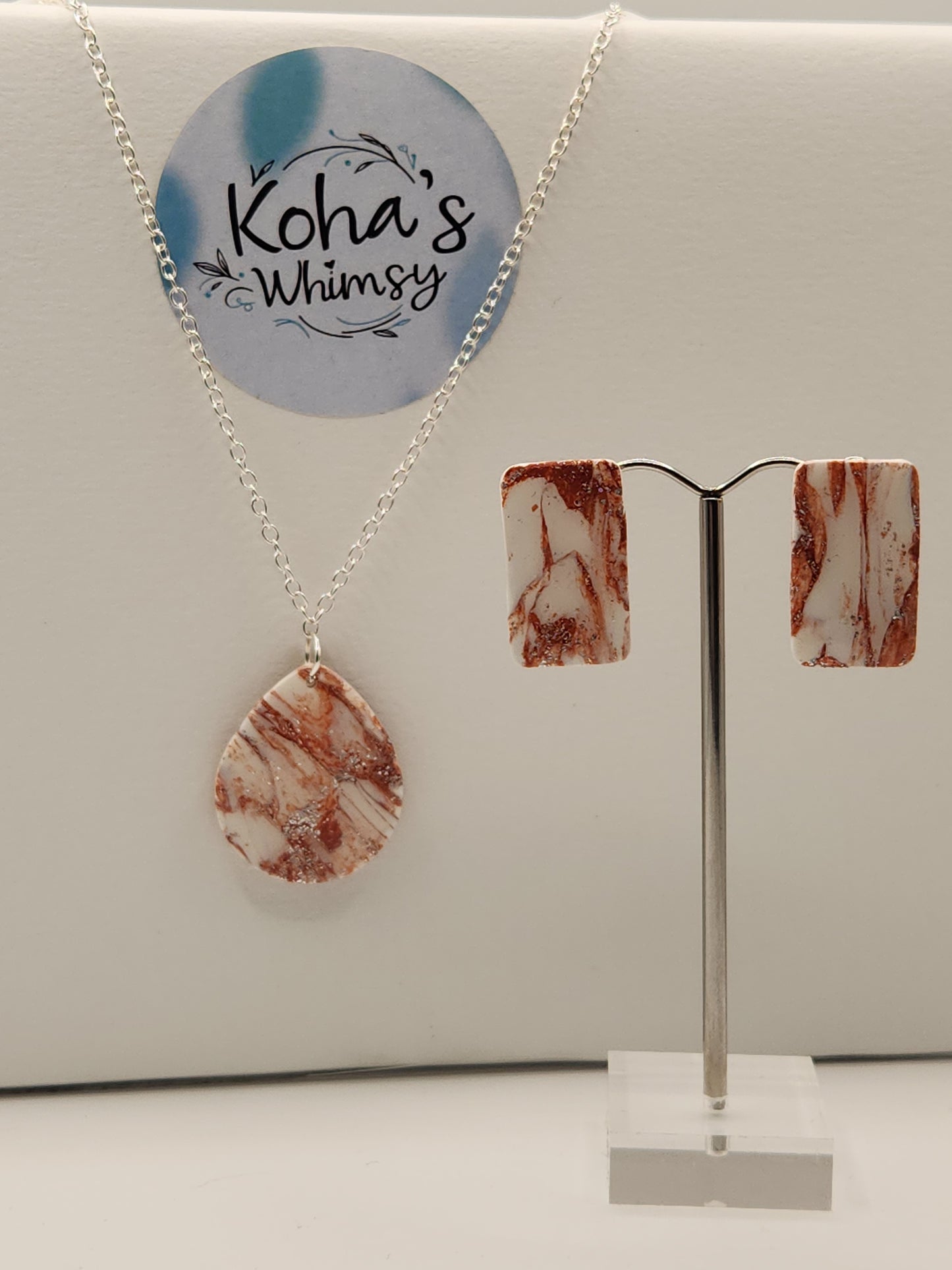 Copper Howlite Jewellery Set - Rectangle Studs & Teardrop Pendant