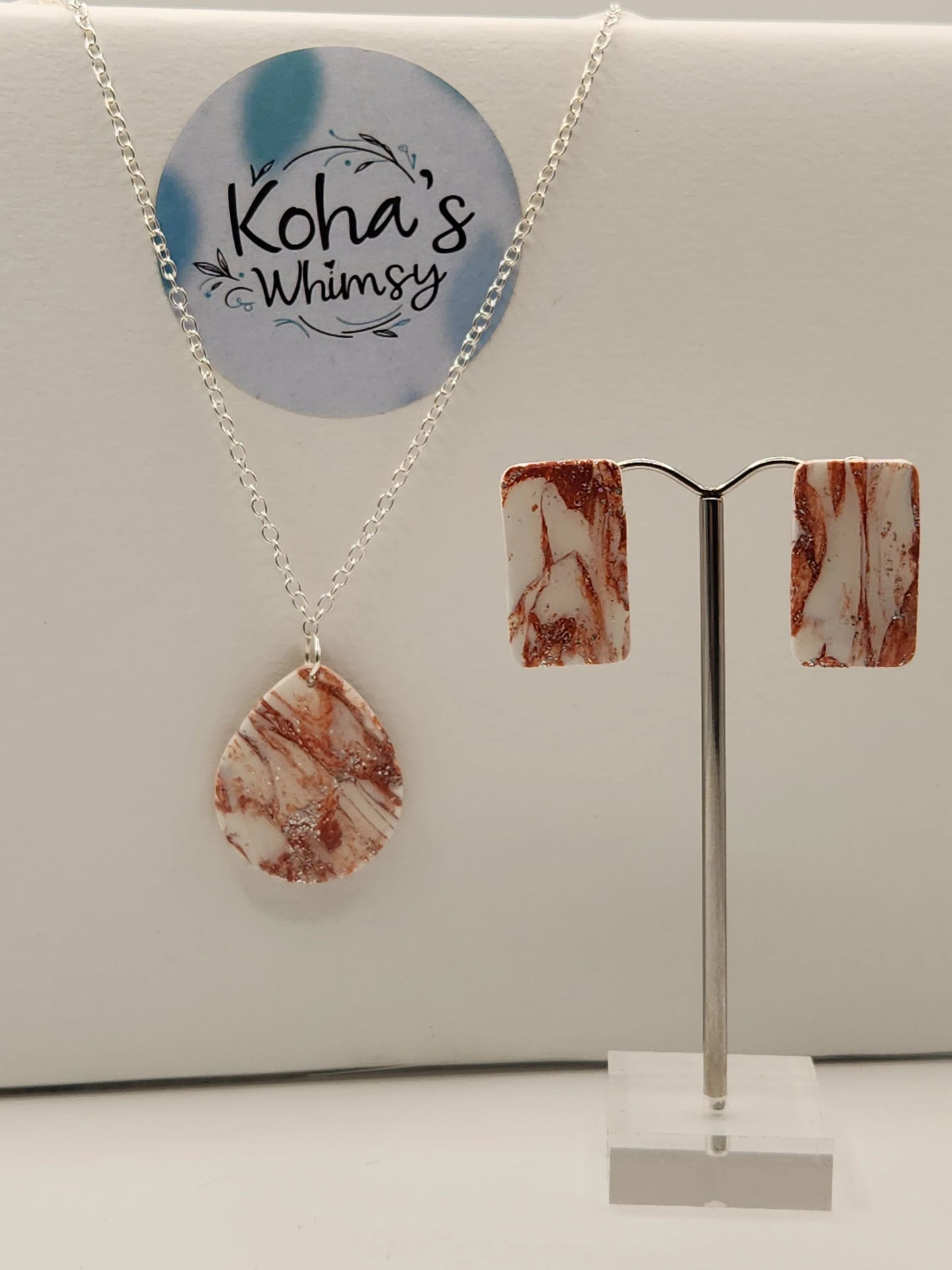Handmade polymer clay Jewellery Set - Copper Howlite Jewellery Set - Rectangle Studs & Teardrop Pendant