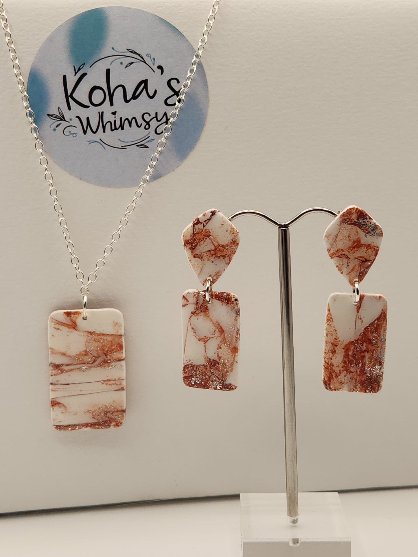 Copper Howlite Jewellery Set - Diamond & Rectangle Studs with Large Rectangle Pendant