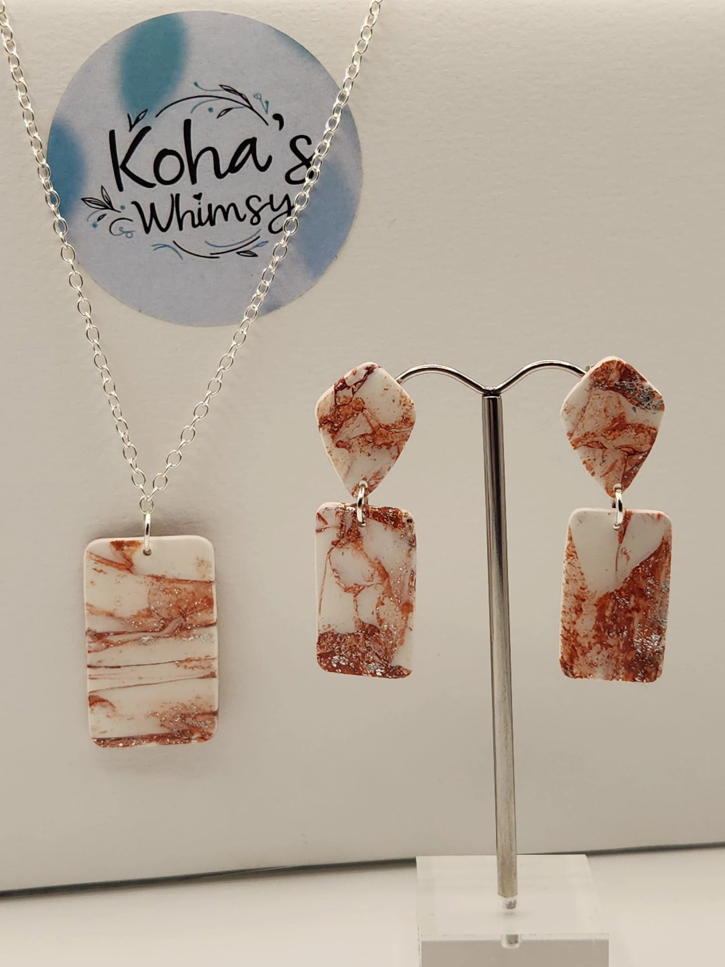 Jewellery set of copper howlite diamond and rectangle studs with large rectangle pendant by Koha's Whimsy.