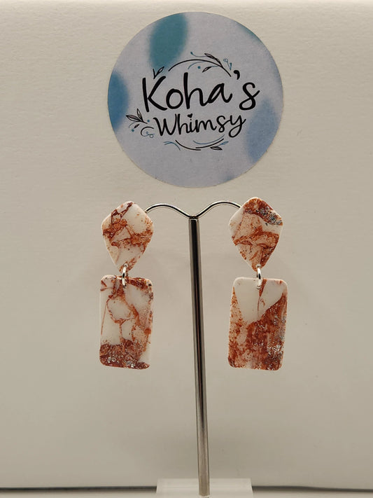 Handmade polymer clay Jewellery Set - Copper Howlite Jewellery Set - Diamond & Rectangle Studs with Large Rectangle Pendant