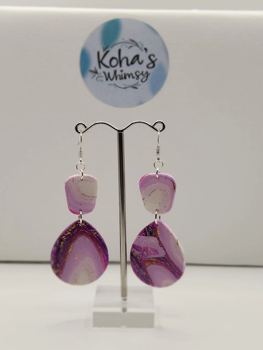 Handmade polymer clay Earrings - Purple Lace Agate Quadrangle Teardrop Dangle Earrings