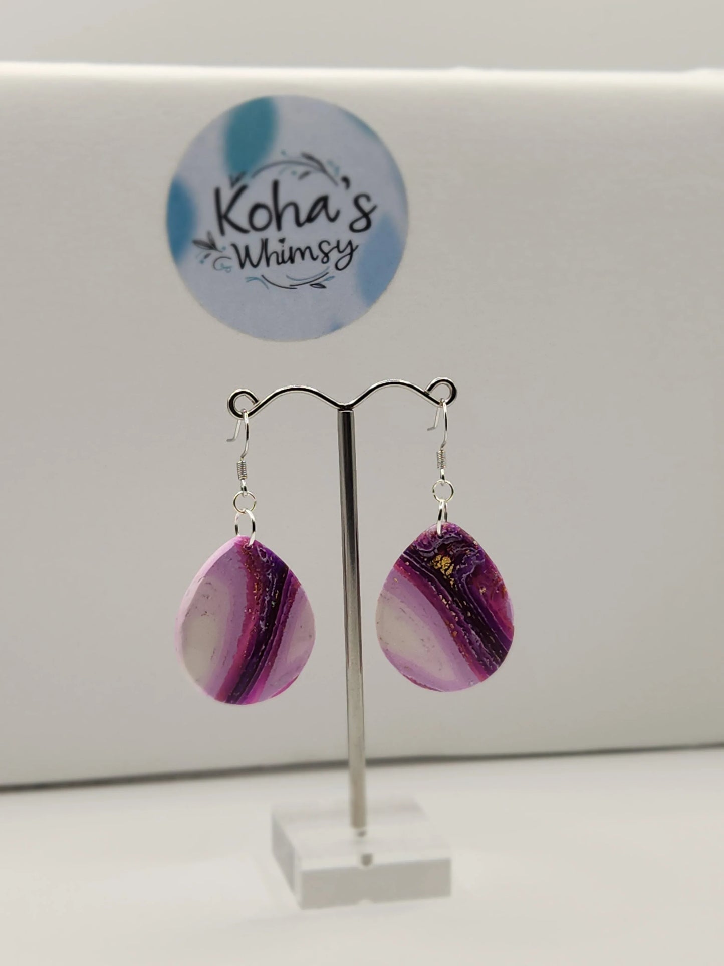 Handmade polymer clay Earrings - Purple Lace Agate Large Teardrop Dangle Earrings