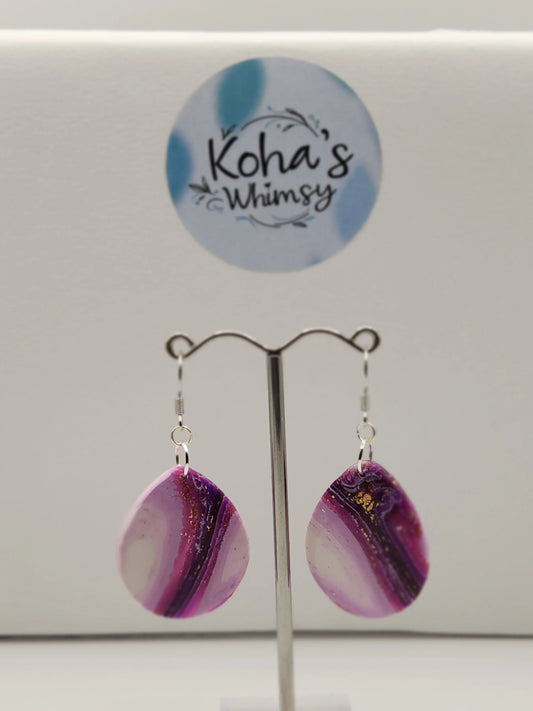 Handmade polymer clay Earrings - Purple Lace Agate Large Teardrop Dangle Earrings