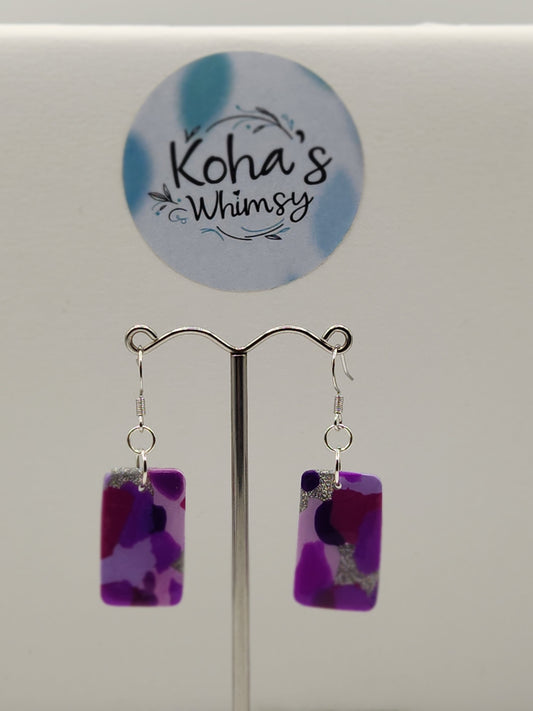 Handmade polymer clay purple droplets rectangle dangle earrings with acrylic pour inspired design