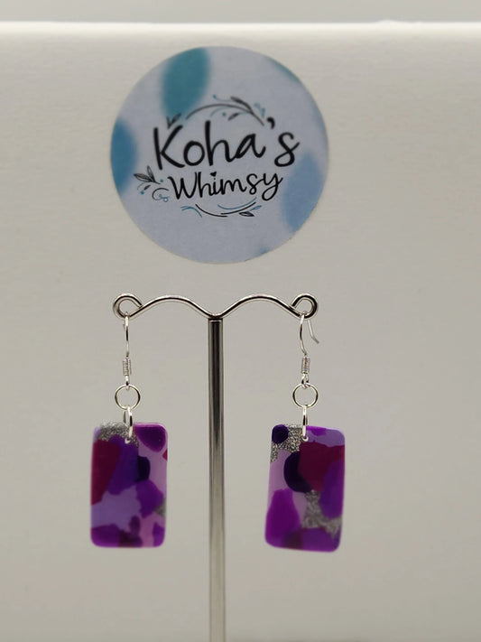 Handmade polymer clay Earrings - Purple Droplets Small Rectangle Dangle Earrings