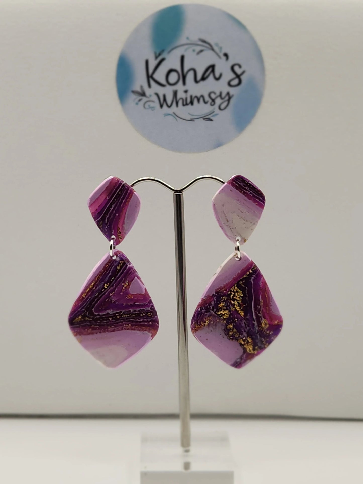 Handmade polymer clay Earrings - Purple Lace Agate Drop Diamond Stud Earrings