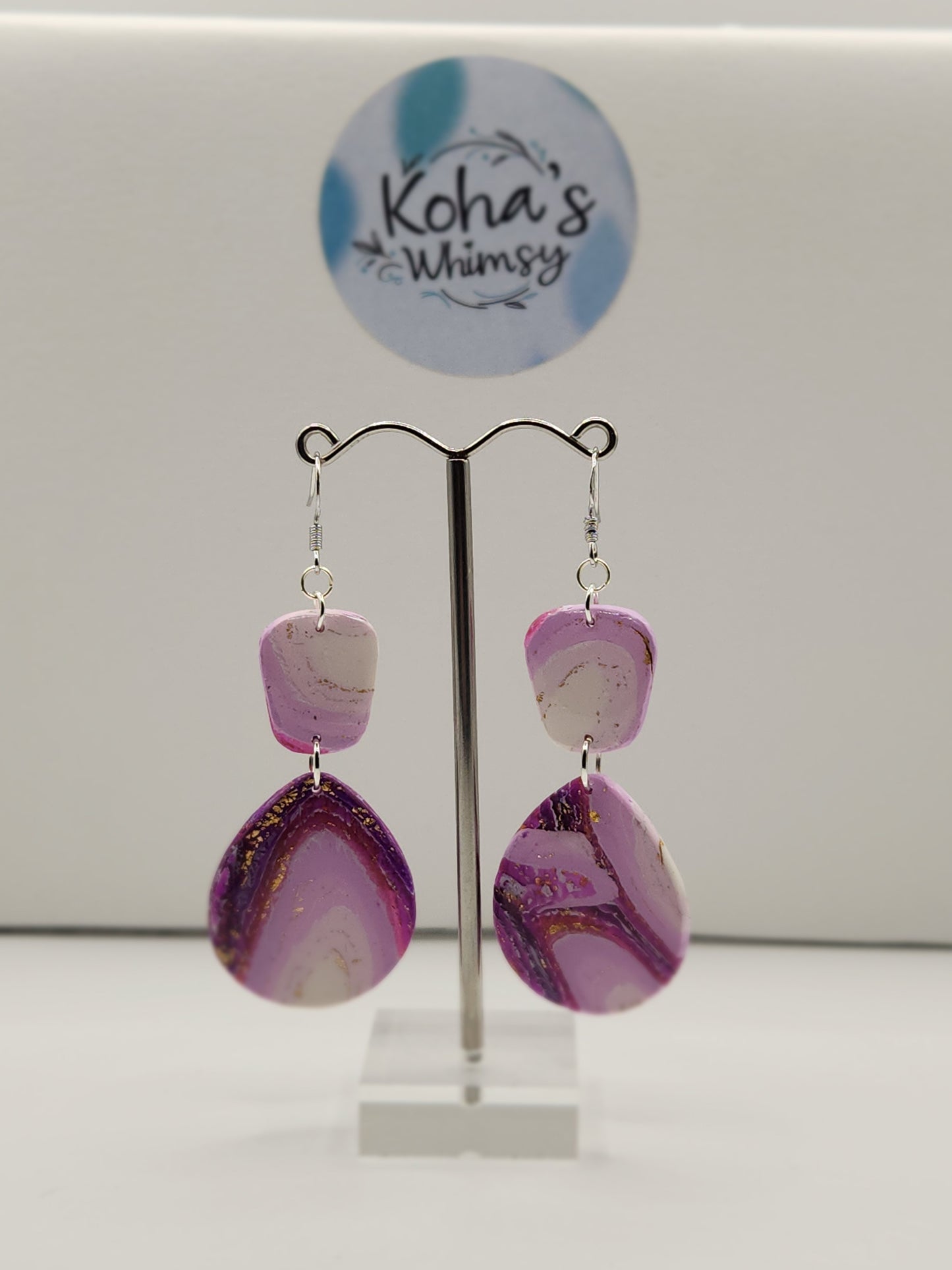 Purple Lace Agate Quadrangle Teardrop Dangle Earrings