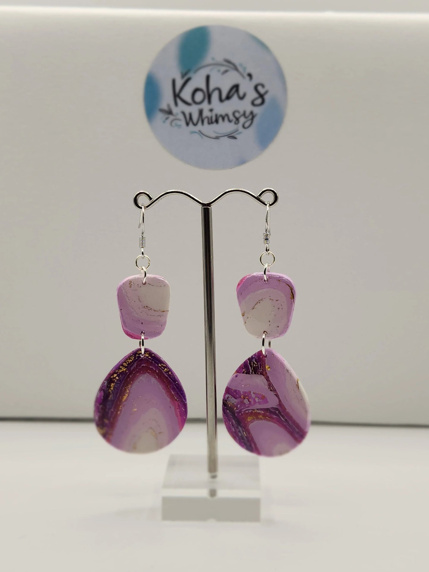 Handmade polymer clay Earrings - Purple Lace Agate Quadrangle Teardrop Dangle Earrings