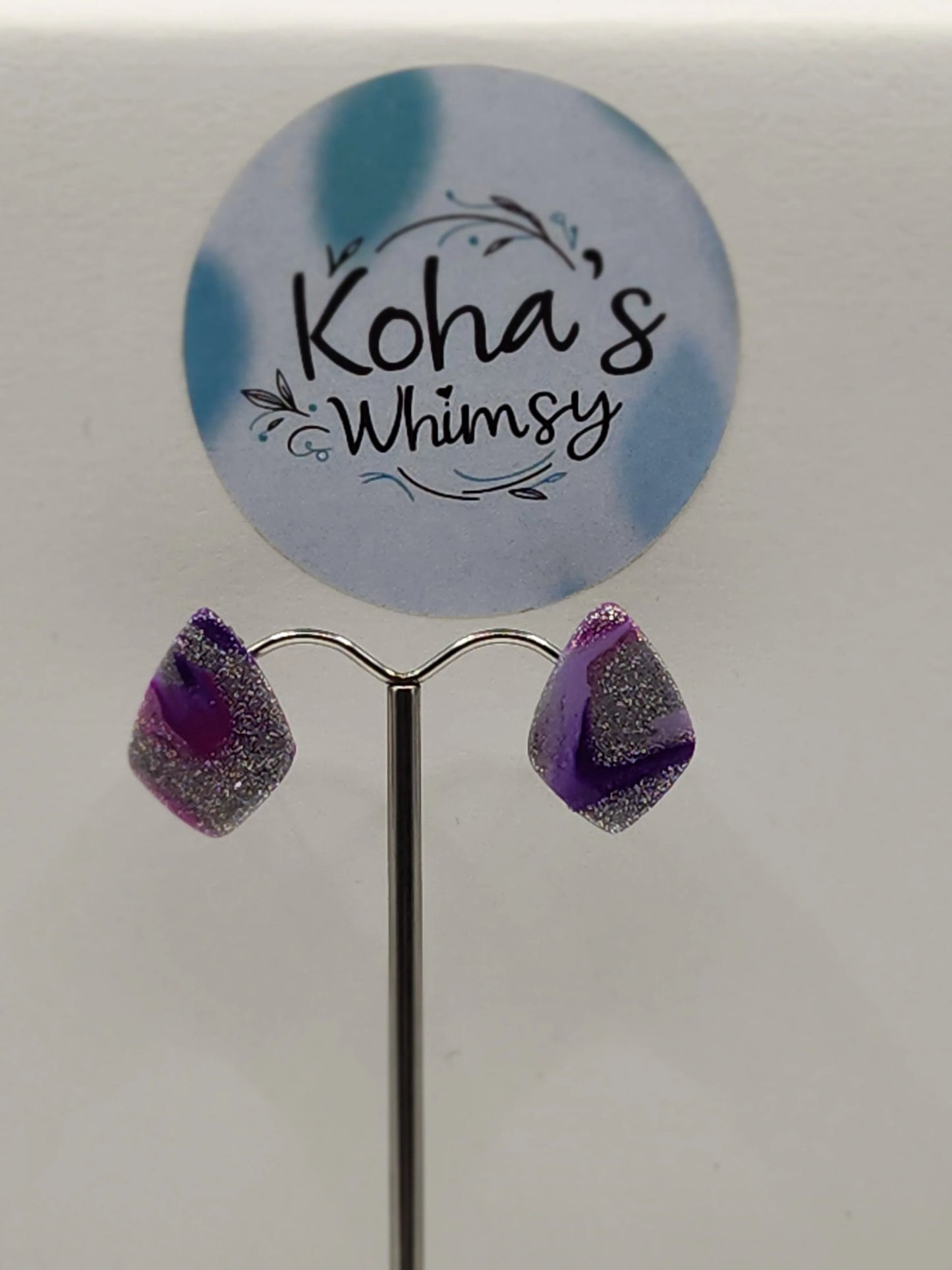 Handmade polymer clay Earrings - Purple Droplets Small Drop Diamond Stud