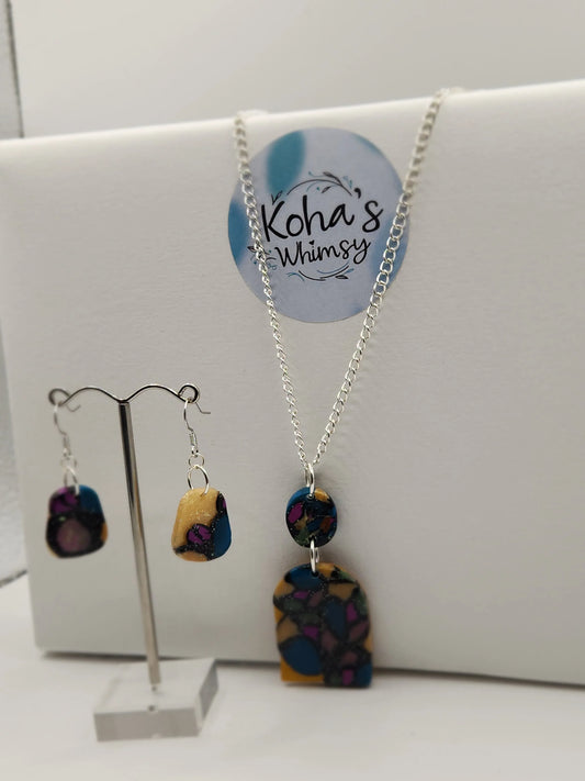 Handmade polymer clay Jewellery Set - Rainbow Fish Arch Pendant & Upside-down Quadrangle Set
