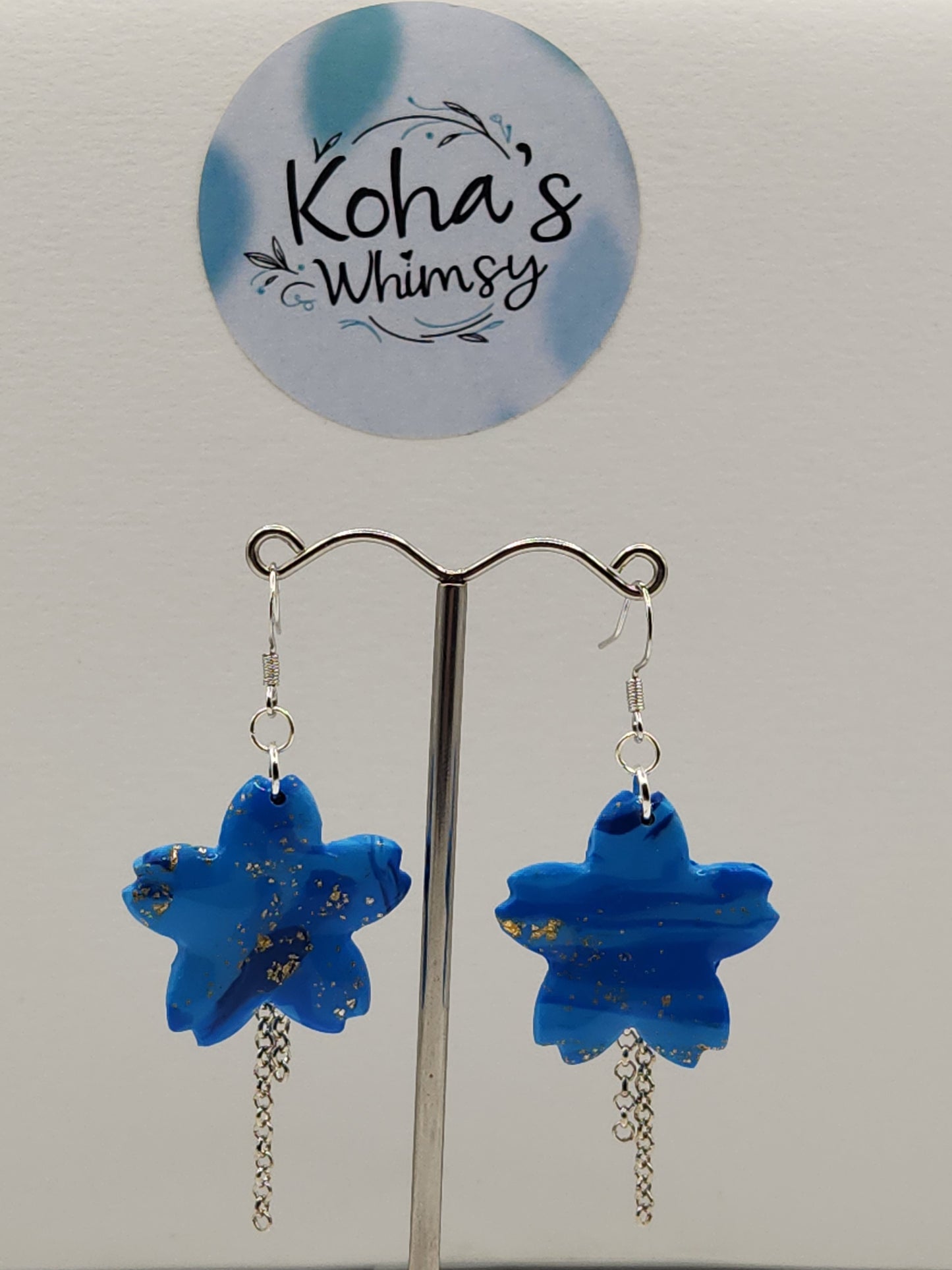 Blue & Gold Cherry Blossom Dangle Earrings