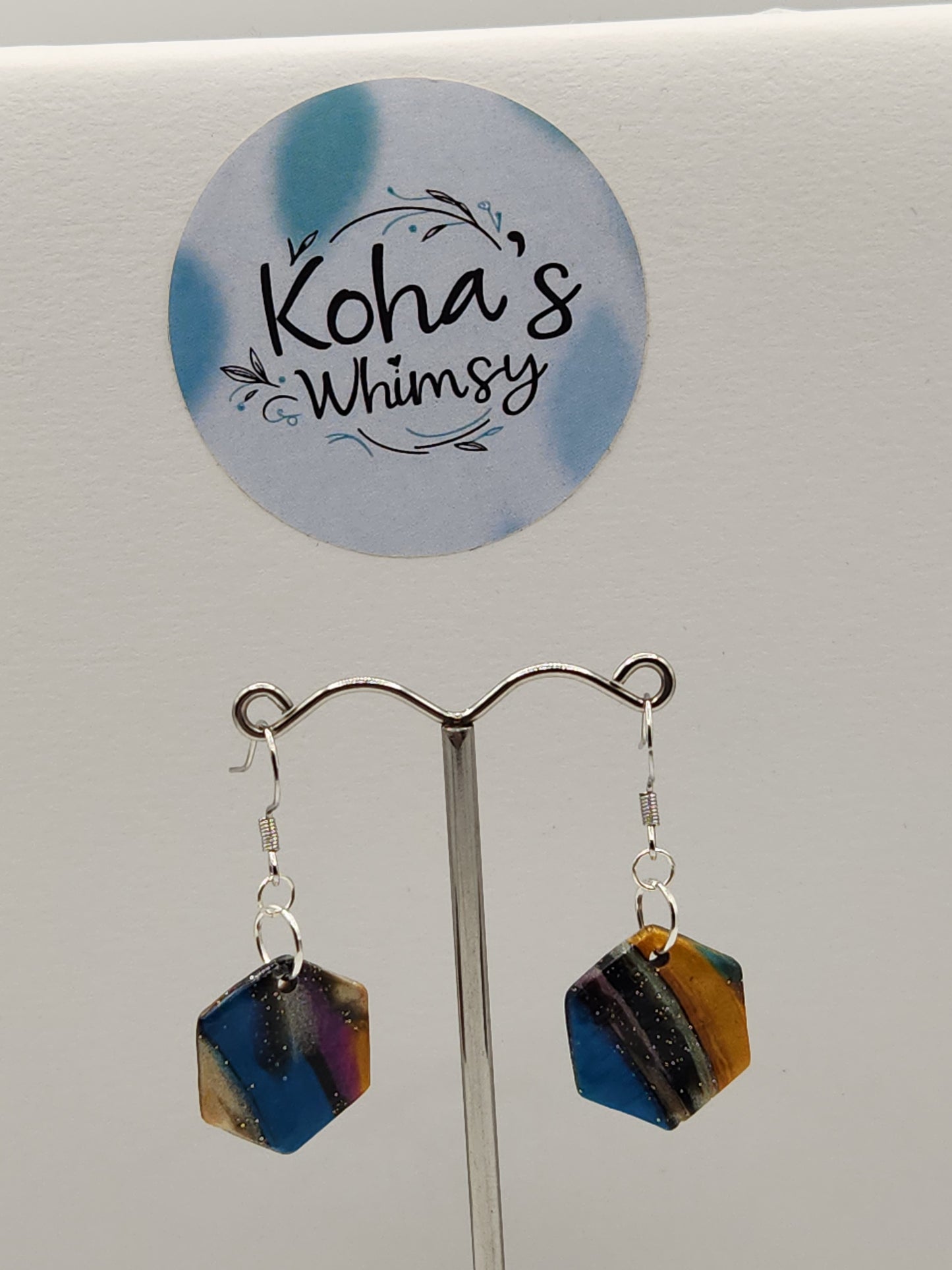 Dark Marble Small Hexagon Dangle Earrings