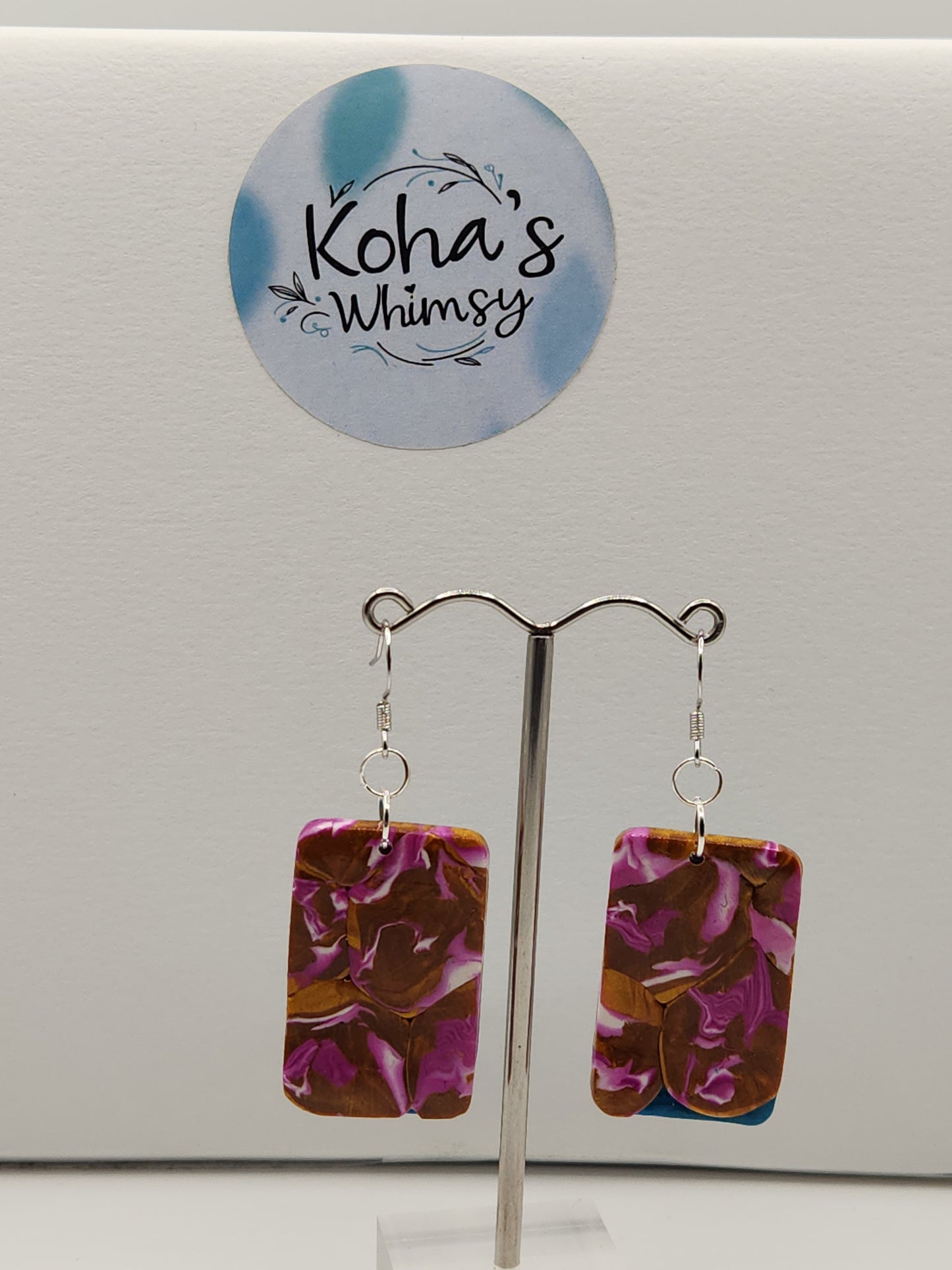 Golden Fuchsia Large Rectangle Dangle Earrings