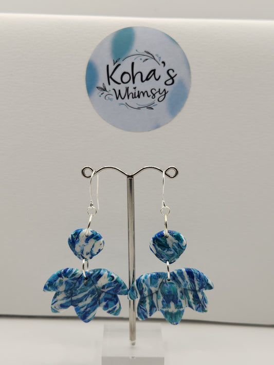 Cerulean Swirl Large Lotus Blossom Dangle Earrings