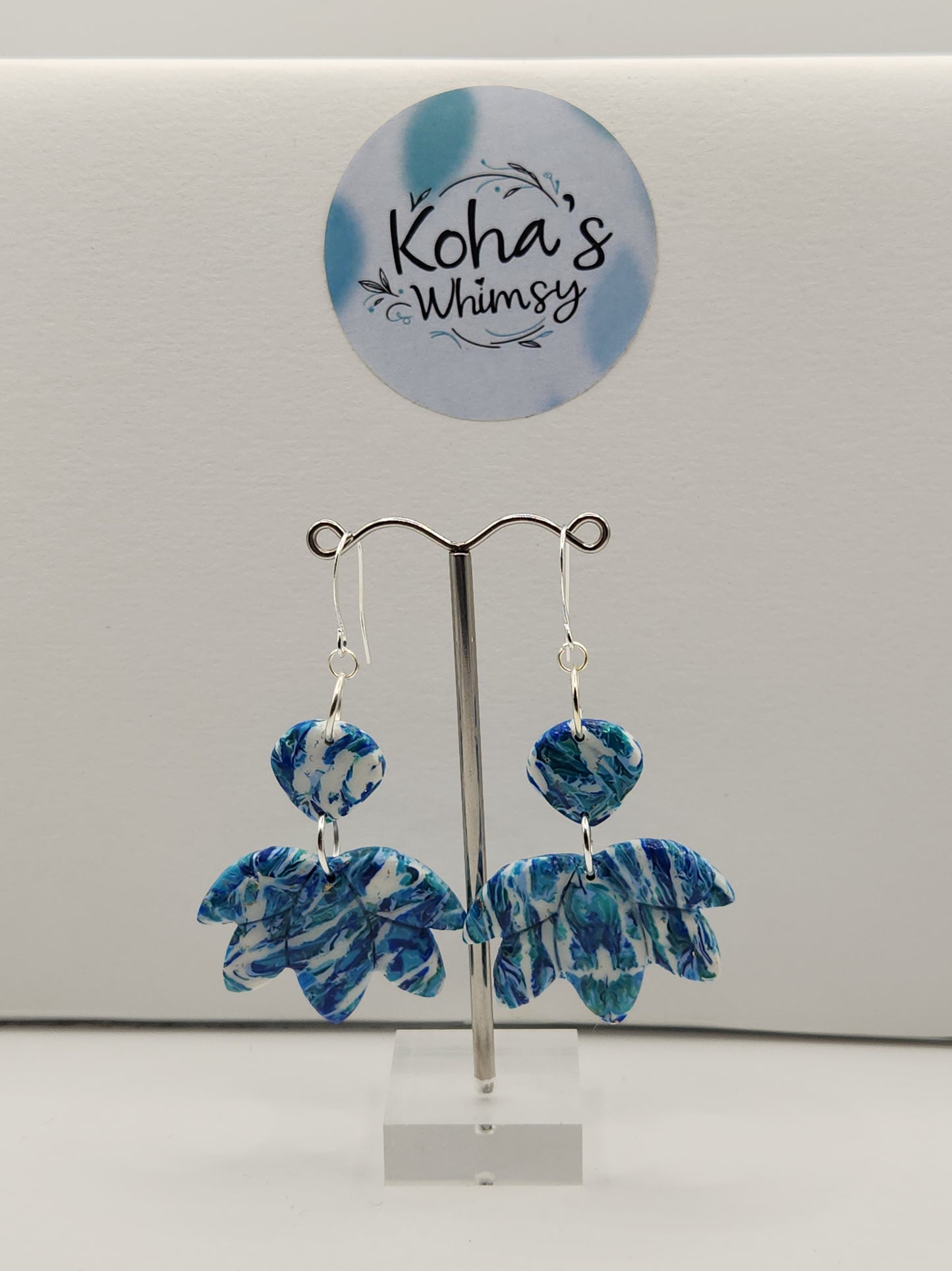 Cerulean Swirl Large Lotus Blossom Dangle Earrings