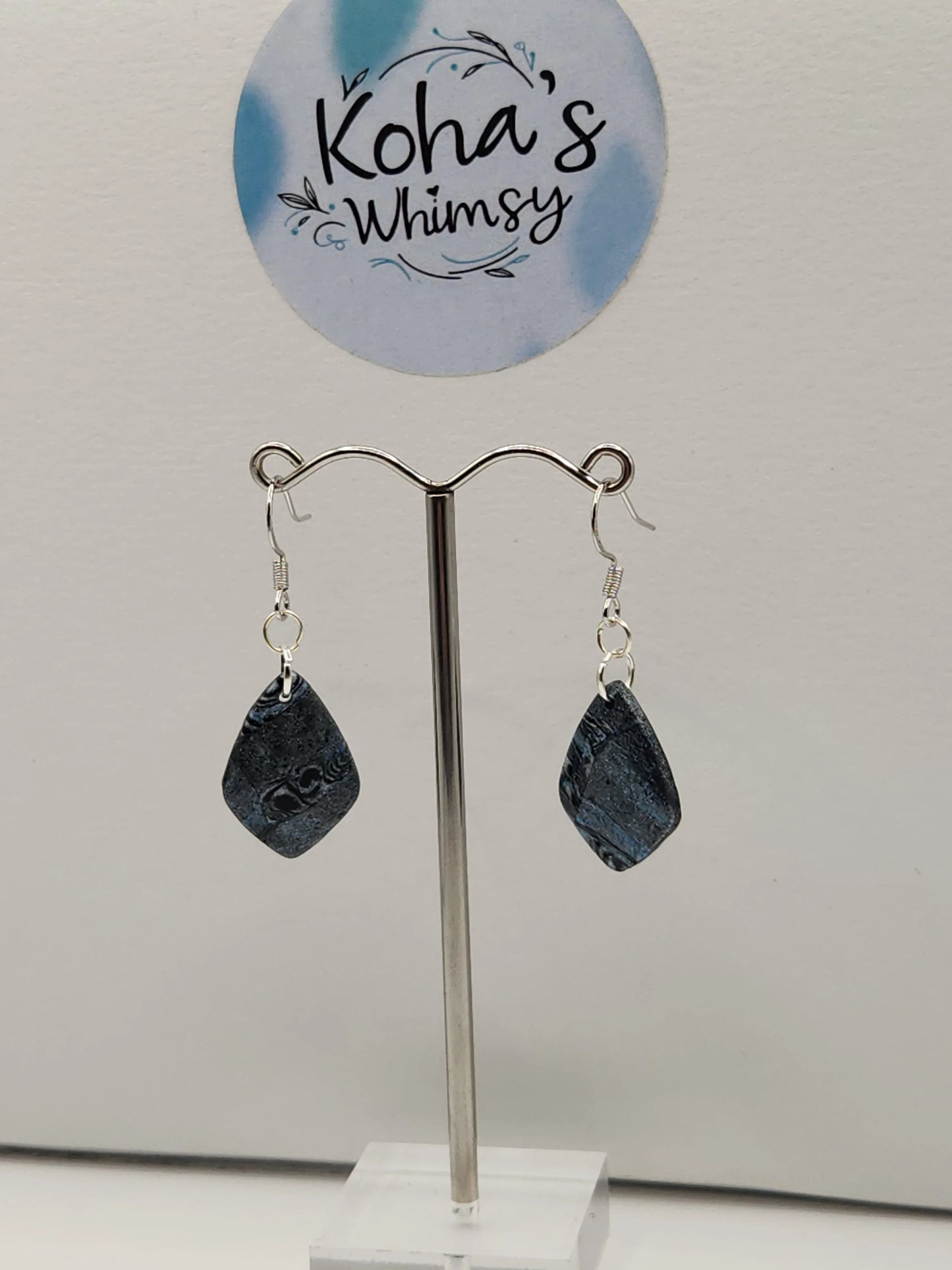 Handmade polymer clay Earrings - Silver Shimmer Small Drop Diamond Dangle Earrings