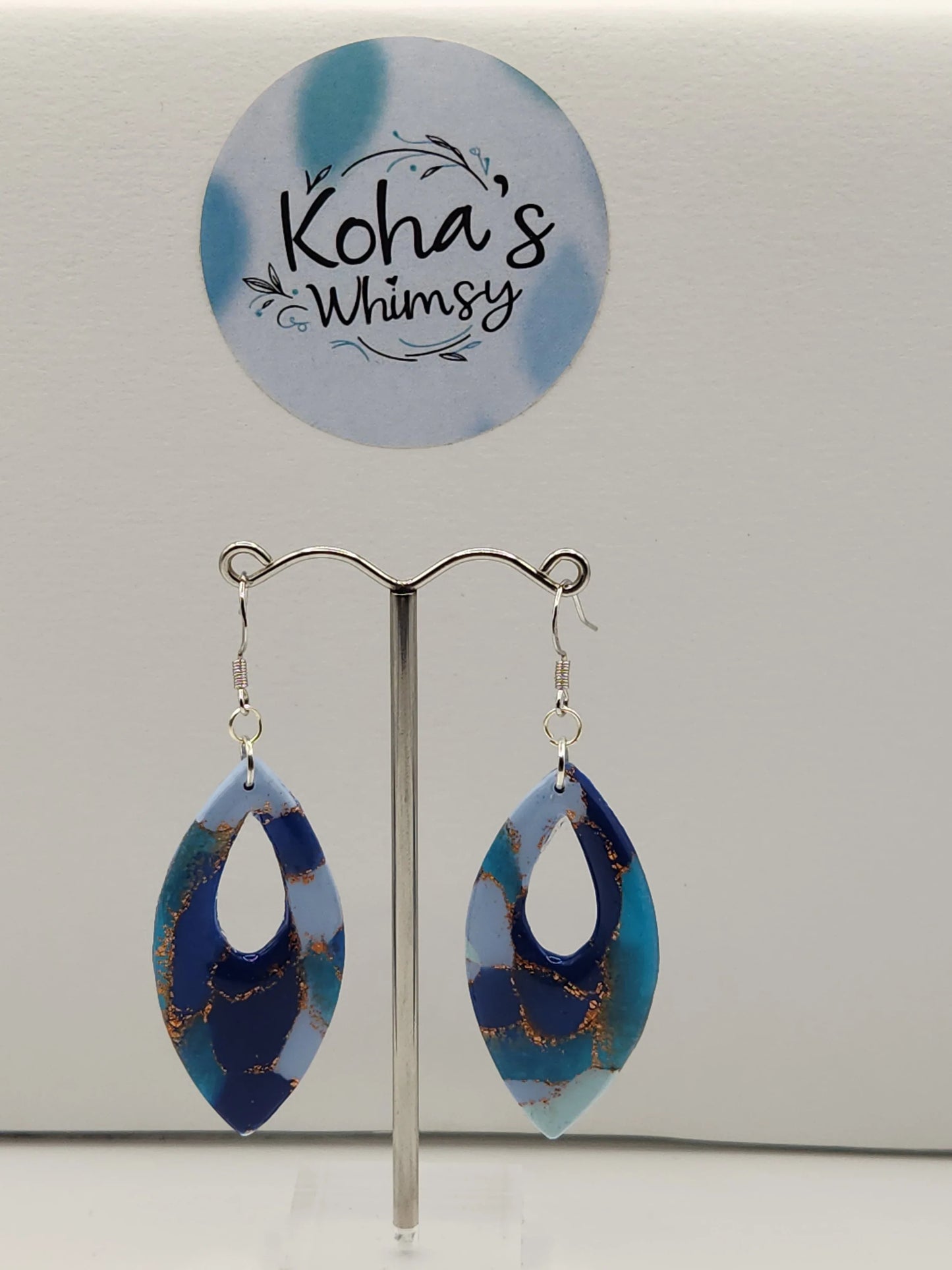 Handmade polymer clay Earrings - Ocean Vibes Large Pointed Ellipse Dangle Earrings