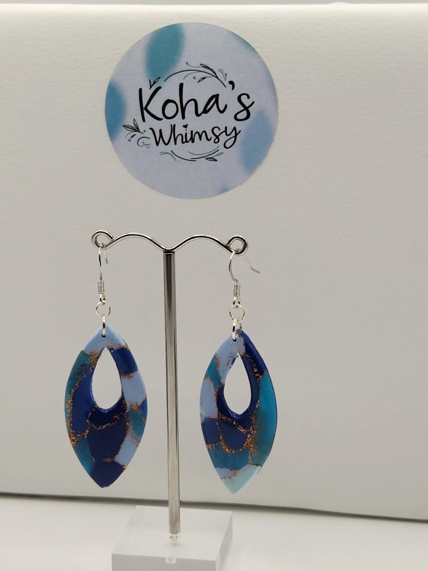 Handmade polymer clay Earrings - Ocean Vibes Large Pointed Ellipse Dangle Earrings