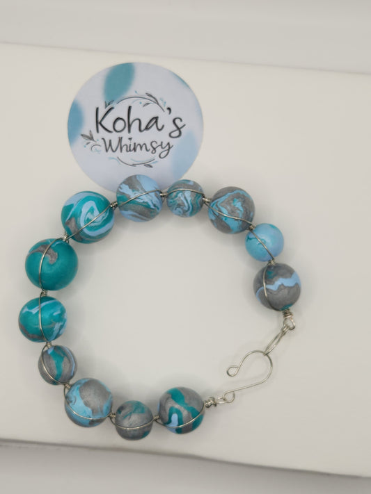 Teal & Silver Wire Wrapped Bead Bangle
