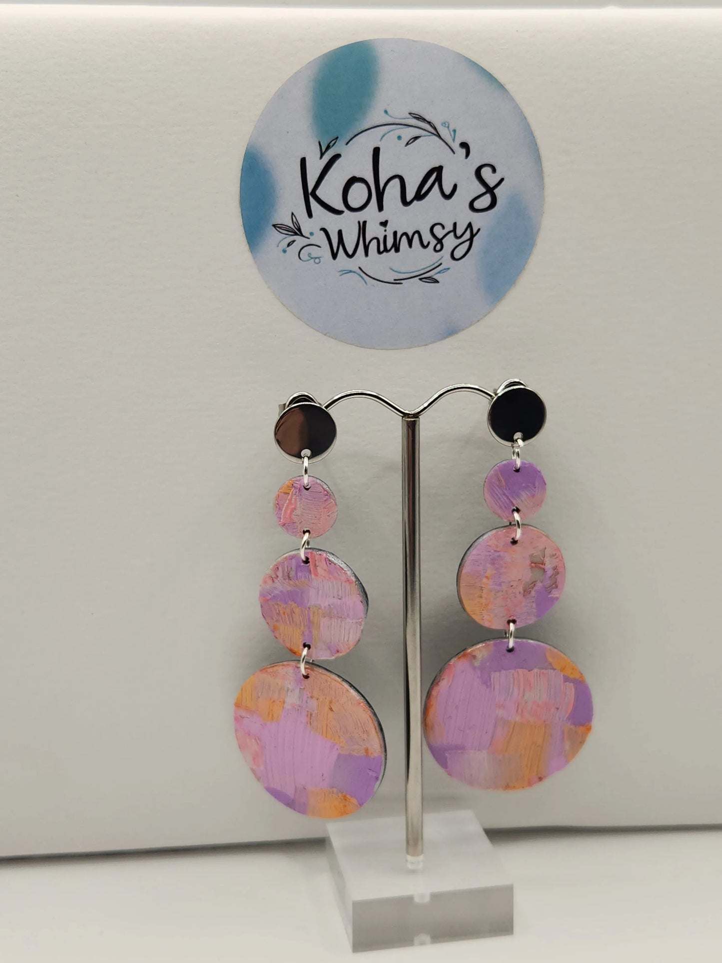Handmade polymer clay Earrings - Pastel Watercolour Circular Dangle Stud Earrings