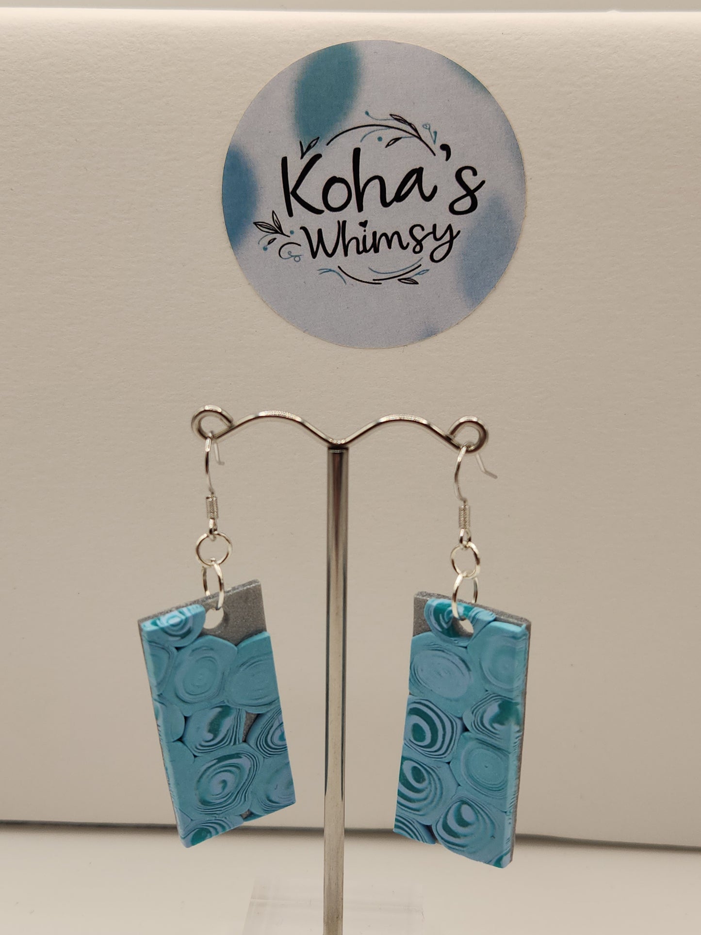 Teal Swirls Large Rectangle Dangle Earrings