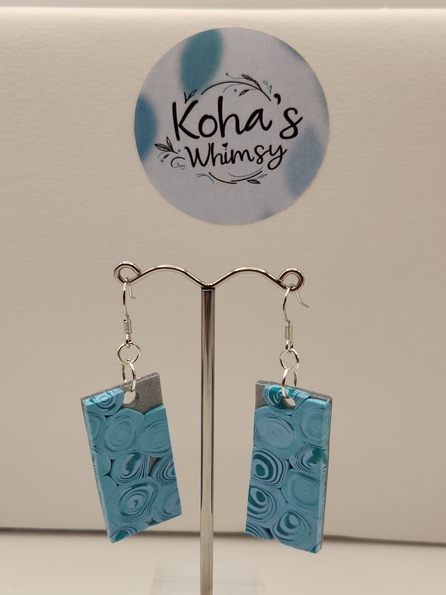 Teal Swirls Large Rectangle Dangle Earrings