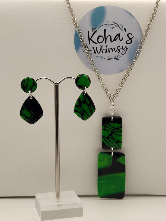 Emerald Bubble Jewellery Set - Diamond Studs & Rectangle Pendant