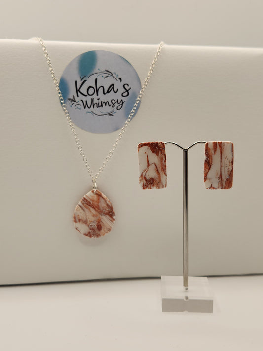 Copper Howlite Jewellery Set - Rectangle Studs & Teardrop Pendant