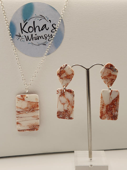 Copper Howlite Jewellery Set - Diamond & Rectangle Studs with Large Rectangle Pendant