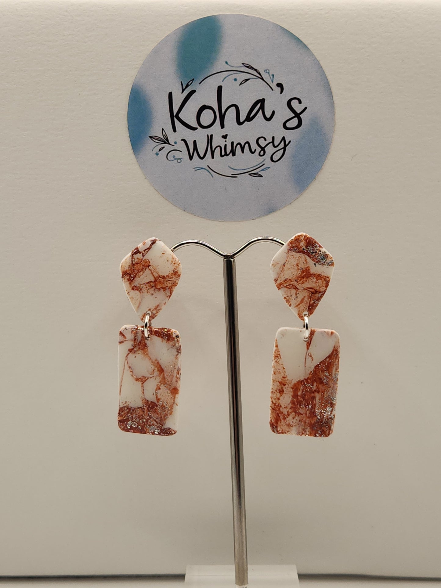 Copper Howlite Jewellery Set - Diamond & Rectangle Studs with Large Rectangle Pendant