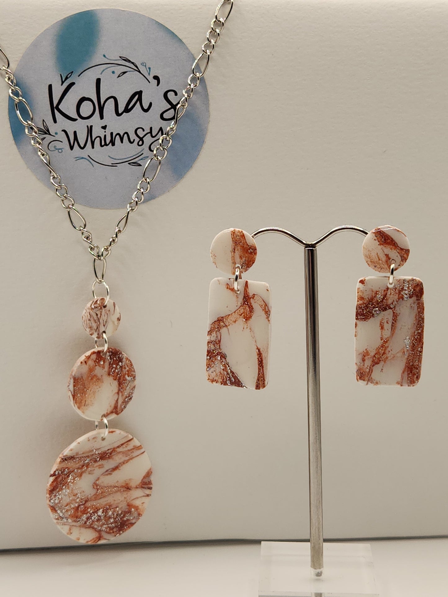 Copper Howlite Jewellery Set - Rectangle & Circle Studs with Triple Circle Pendant