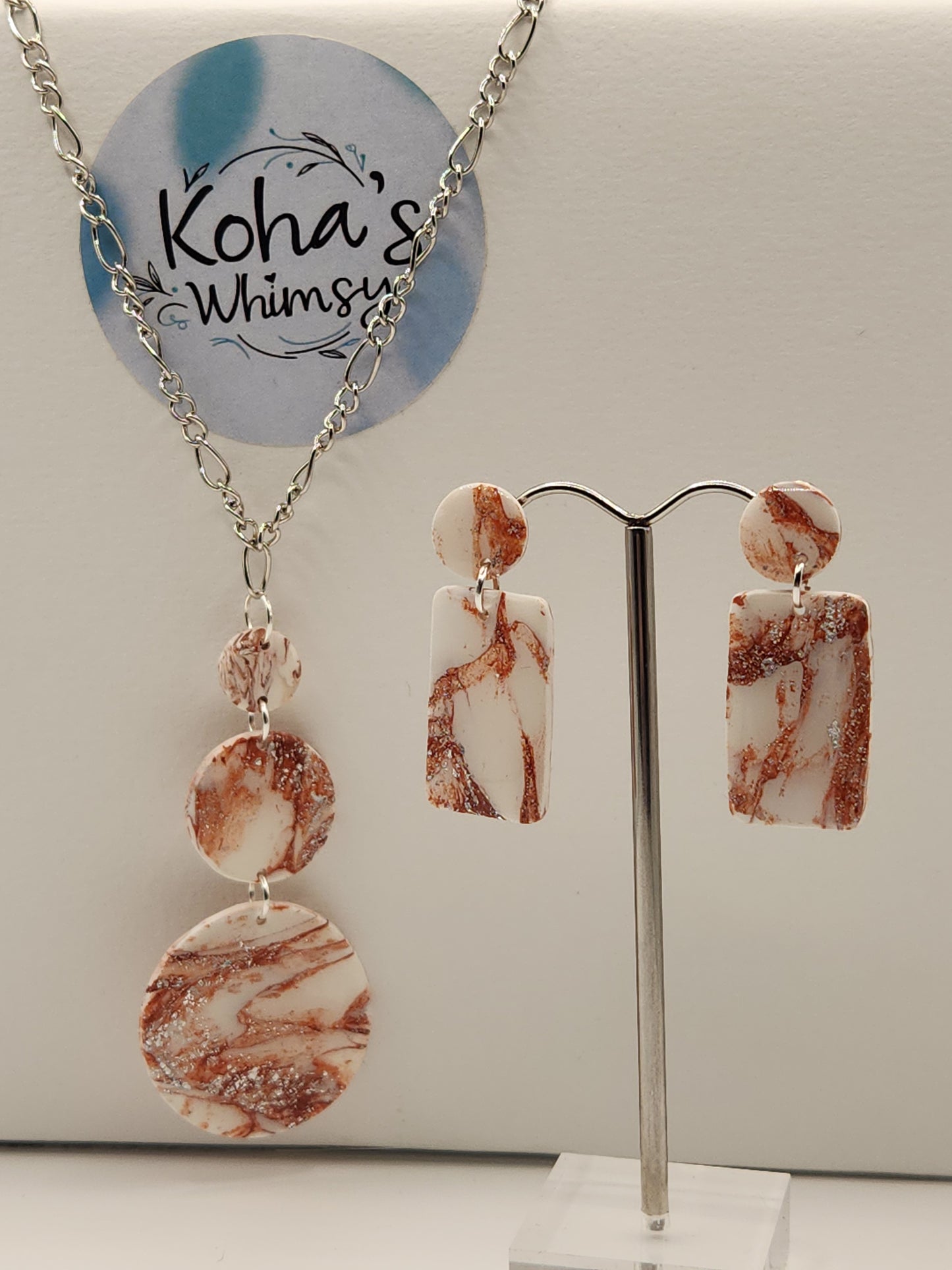 Copper Howlite Jewellery Set - Rectangle & Circle Studs with Triple Circle Pendant