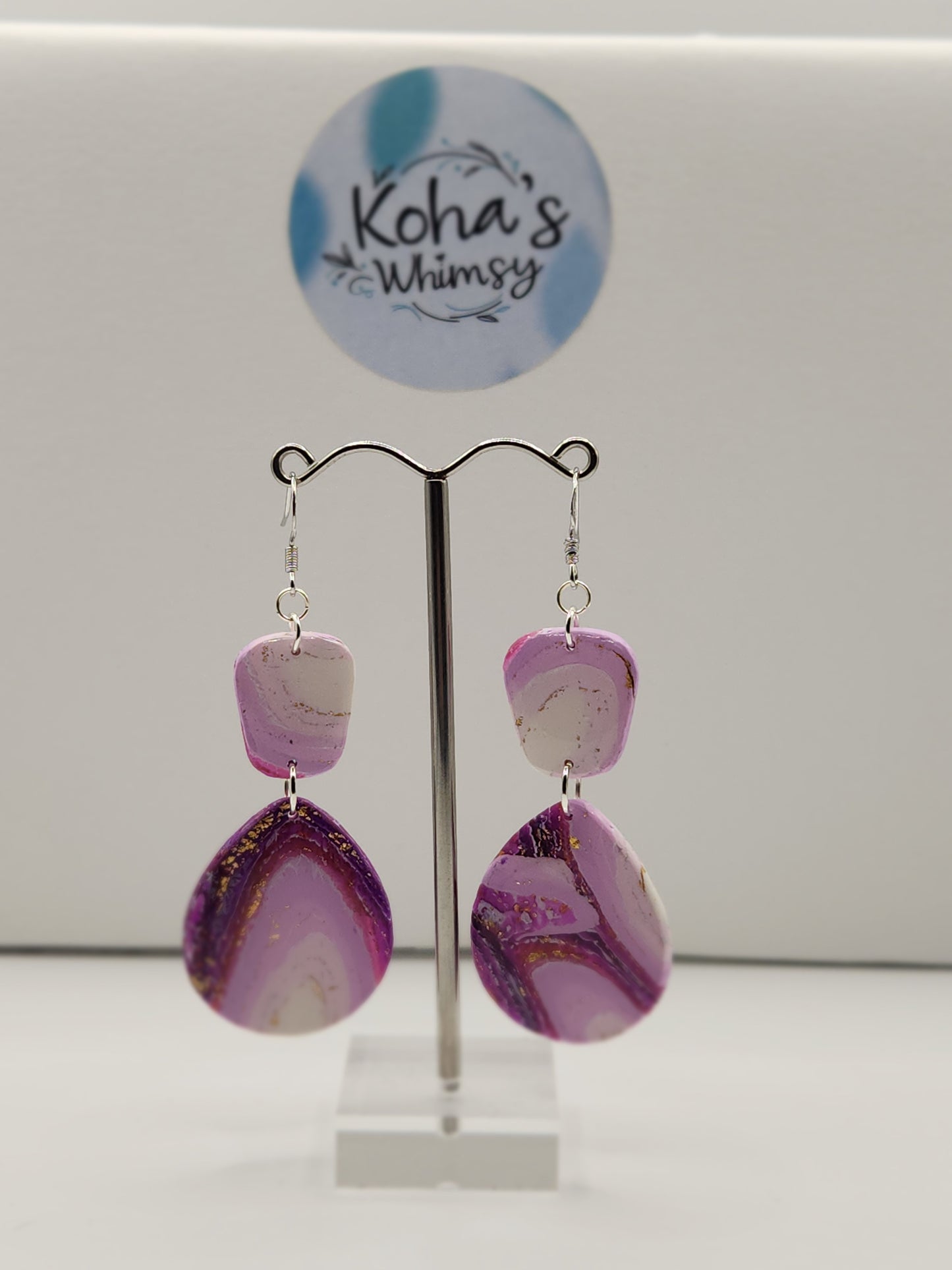 Purple Lace Agate Quadrangle Teardrop Dangle Earrings