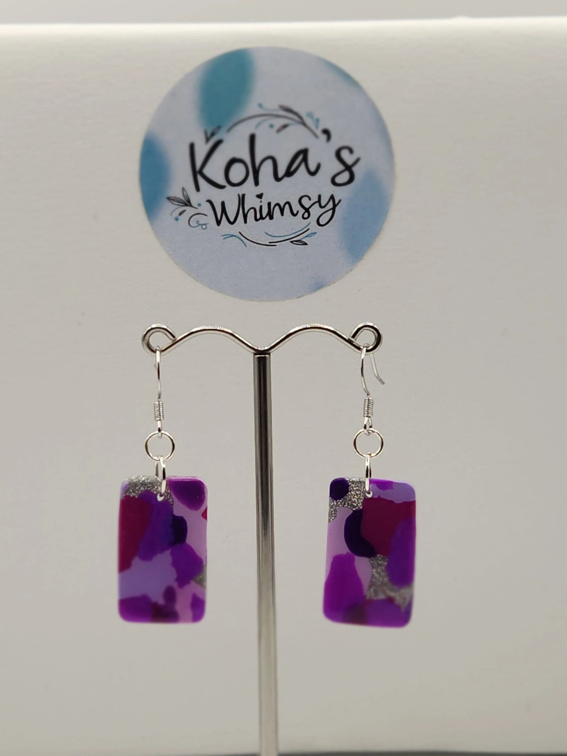 Handmade polymer clay Earrings - Purple Droplets Small Rectangle Dangle Earrings